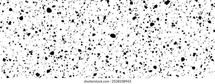 Black and white dotted seamless pattern. Grunge dripped sprinkles, particles, dust or splashes wallpaper. Distress noise grain repeating background. Random mottled gritty overlay texture. Vector