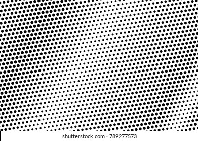 Black white dotted texture. Abstract halftone vector background. Monochrome halftone pop art design. Greyscale diagonal dotted gradient. Black ink dot vintage overlay. Minimal retro halftone template