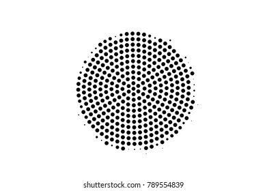 Black white dotted texture. Abstract halftone vector background. Monochrome halftone pop art design. Centered dotted gradient. Black ink macro dot vintage overlay. Minimal retro halftone template