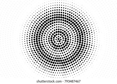 Black and white dotted texture. Centered halftone vector background. Radial grunge dotted gradient. Round monochrome halftone. Pop art design overlay. Black dot texture. Retro halftone template