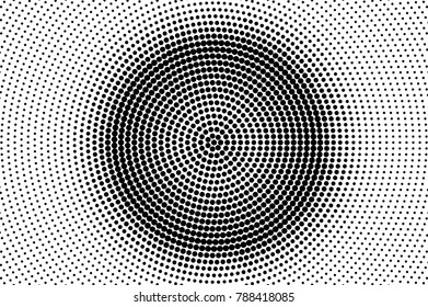 Black white dotted texture with circle gradient. Monochrome dotted halftone vector background. Abstract halftone for pop art design. Black ink dot vintage overlay. Minimal retro halftone template