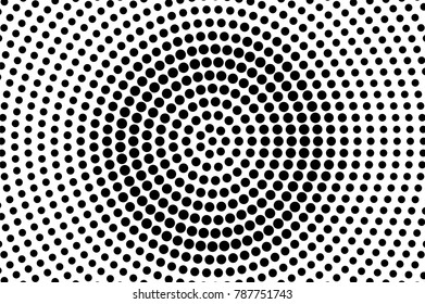 Black and white dotted texture. Dark halftone vector background. Radial dotted gradient. Abstract monochrome halftone for pop art design. Black ink dot vintage overlay. Retro halftone template