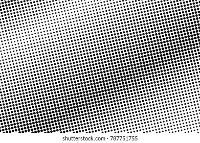 Black and white dotted texture. Diagonal halftone vector background. Frequent dotted gradient. Abstract monochrome halftone. Pop art design overlay. Black dot vintage texture. Retro halftone template