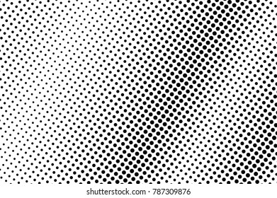Black and white dotted texture. Frequent halftone vector background. Diagonal dotted gradient. Abstract monochrome halftone for pop art design. Black ink dot vintage overlay. Retro halftone template