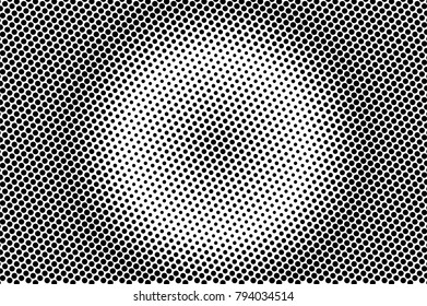 Black and white dotted texture. Greyscale halftone vector background. Radial dotted gradient. Round monochrome halftone. Pop art design overlay. Black dot texture. Retro halftone template