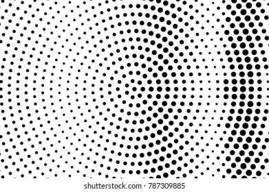 Black and white dotted texture. Radial halftone vector background. Centered dotted gradient. Abstract monochrome halftone for pop art design. Black ink dot vintage overlay. Retro halftone template