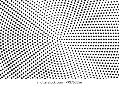 Black white dotted texture. Radial rough dotted gradient. Monochrome halftone pop art design. Abstract halftone vector background. Black ink dot vintage overlay. Minimal retro halftone template