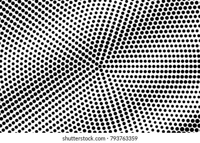 Black white dotted texture. Radial grungy dotted gradient. Monochrome halftone pop art design. Abstract halftone vector background. Black ink dot vintage overlay. Minimal retro halftone template