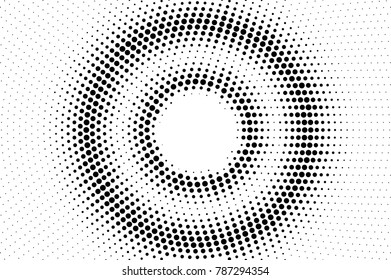 Black and white dotted texture. Round halftone vector background. Circle dotted gradient. Abstract monochrome halftone for pop art design. Black ink dot vintage overlay. Retro halftone template