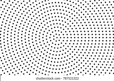 Black white dotted texture. Round halftone vector background. Centered dotted pattern. Abstract monochrome halftone. Pop art design overlay.  Black dotwork vintage texture. Retro halftone template