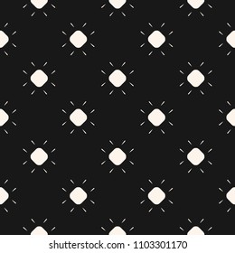 Black and white dotted vector seamless pattern. Simple geometric texture with polka dots, circles, flowers. Illustration of sun. Abstract minimal monochrome background. Modern dark repeatable design