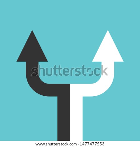 Black, white double arrow dividing in two separate ones. Decision, partnership, relationship, crisis, choice, separation concept. Flat design. EPS 8 vector illustration, no transparency, no gradients