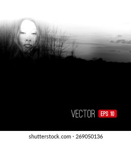 Black and white double exposure portrait of young woman combined with photograph of nature. Vector illustration.