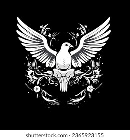 black and white dove logo illustration design with ornament isolated on black