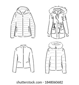 Black white down jacket. winter jacket vector sketch illustration