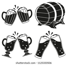 Black and white draft beer silhouette set. Oktoberfest elements collection. Autumn festival vector illustration for icon, sticker, patch, emblem, sign, label, badge, certificate or banner decoration