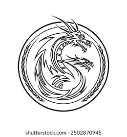 black and white dragon with circle. logos and tattoos. outline design style. Suitable for e-sports, games, squads, etc. design template vector