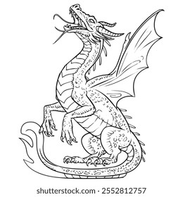 black and white dragon line art vector for coloring book page