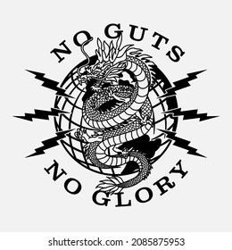 Black and White Dragon on Globe with Lightnings Around Illustration with No Guts No Glory Slogan Artwork for Apparel or Other Uses