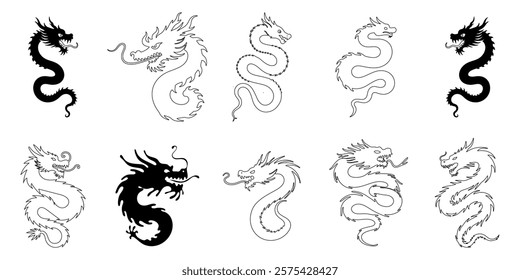 black and white dragon silhouette set for tattoo designs and asian culture illustrations