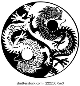 black and white dragon silhouettes in the yin yang symbol. Traditional mythological creature of East Asia. Tattoo.Celestial feng shui animal. Side view. Graphic style vector illustration