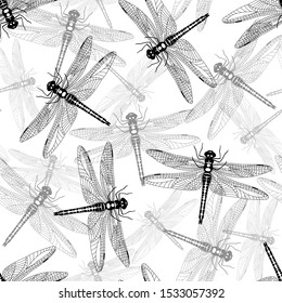 Black and white dragonfly seamless pattern isolated on white background. Monochrome illustration. Design element for textile, fabrics, wallpaper, scrapbooking or etc. Vector illustration.