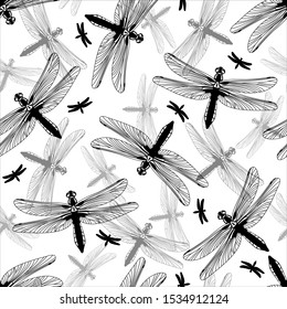 Black and white dragonfly seamless pattern isolated on white background. Monochrome illustration. Design element for textile, fabrics, wallpaper, scrapbooking or etc. Vector illustration.