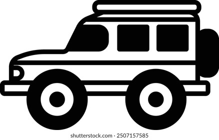 A black and white drawing of a 4 wheel drive vehicle. The jeep is parked and has a roof on top