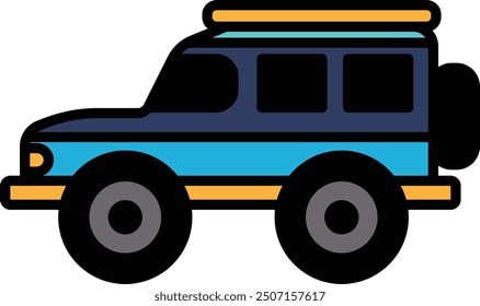 A black and white drawing of a 4 wheel drive vehicle. The jeep is parked and has a roof on top