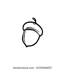 A black and white drawing of an acorn