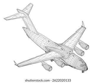 Um desenho em preto e branco de um avião com um fundo branco. O avião está no ar e tem uma cauda pontiaguda. Vista isométrica. 3D