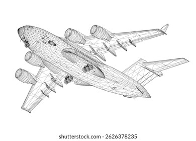 A black and white drawing of an airplane with a white background. The airplane is flying in the sky and has a very detailed design
