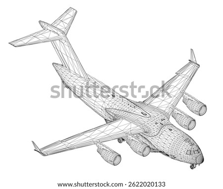 A black and white drawing of an airplane with a white background. The airplane is in the air and has a pointed tail. Isometric view. 3D