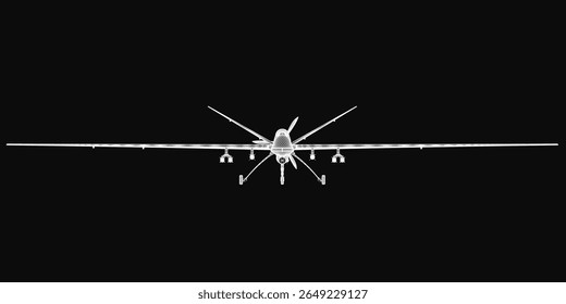 A black and white drawing of an airplane with detailed wingspan, tail, and engines stands out against a stark black background. The high-contrast design emphasizes the aircraft's sleek silhouette.