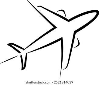 A black and white drawing of an airplane. The airplane is flying in the sky and has a tail