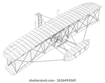 A black and white drawing of an airplane with a white line down the middle. The airplane is a biplane with a white canopy