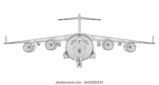 A black and white drawing of an airplane. The airplane is the main focus of the image. Front view