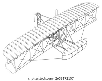 A black and white drawing of an airplane with a white outline. The airplane is a biplane with a white wing and a black body. The airplane is shown in a very detailed manner