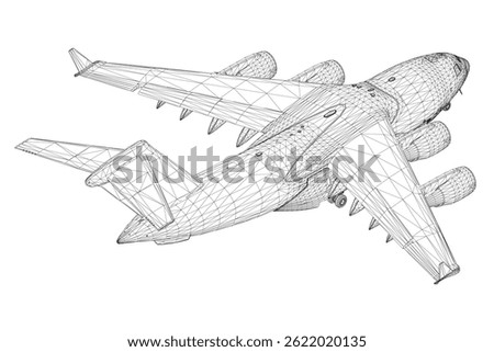 A black and white drawing of an airplane with a white outline. The airplane is flying in the sky and has a large wing. Isometric view. 3D