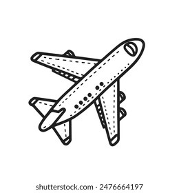 A black and white drawing of an airplane. The airplane is positioned in the middle of the image, with its wings spread out. The image has a simple and clean design