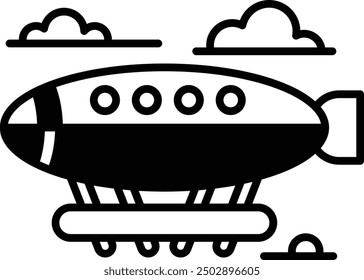 A black and white drawing of an airplane with a rocket on the tail. The airplane is flying through the sky with clouds in the background