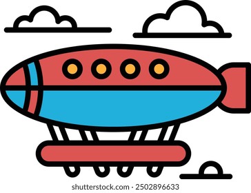 A black and white drawing of an airplane with a rocket on the tail. The airplane is flying through the sky with clouds in the background