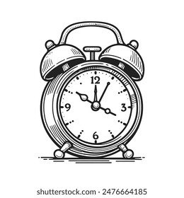 A black and white drawing of an alarm clock with the hands on the number 3 and 9. The clock is set to the time of 9:30