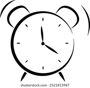 Un dibujo en blanco y negro de un reloj despertador con las manos en los números 3 y 9. El reloj está ajustado a la hora de las 9:00