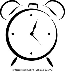 Un dibujo en blanco y negro de un reloj despertador con las manos en los números 3 y 9. El reloj está ajustado a la hora de las 9:00