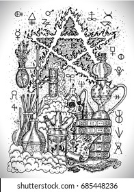 Black and white drawing with alchemical symbols, skull, pentagram and laboratory equipment. Occult and esoteric vector illustration, tattoo concept, gothic engraved background