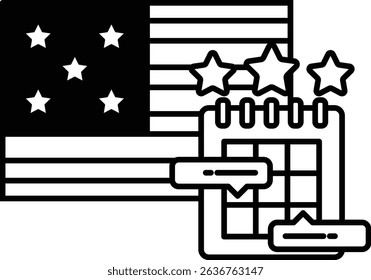 A black and white drawing of the American flag with stars and stripes. The flag is surrounded by a calendar with a star on it