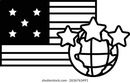 A black and white drawing of the American flag with stars and a globe. Concept of unity and global connection