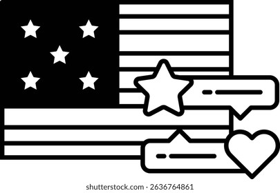 A black and white drawing of the American flag with stars and hearts. The stars are arranged in a star pattern and the hearts are scattered around the flag. The flag is surrounded by a border