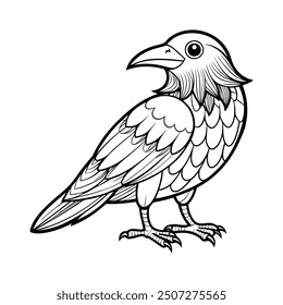 A black and white drawing of a Americana crow bird